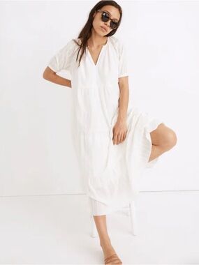 Madewell White Bubble-Sleeve Tiered Midi Dress In Textural Stripe Size S Boho